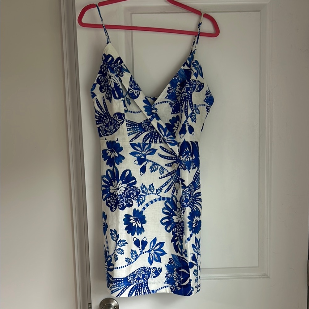 FARM Rio Blue and White Spaghetti Strap Mini Sundress